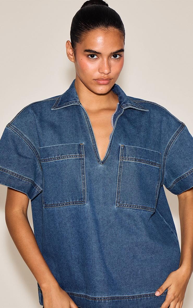 Dark Blue Boxy Pocket Detail Short Sleeve Denim Rugby Shirt image 4