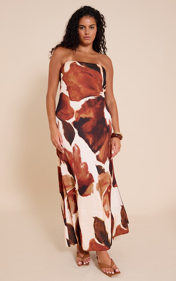 Plus Brown Floral Satin Spaghetti Strap Maxi Dress