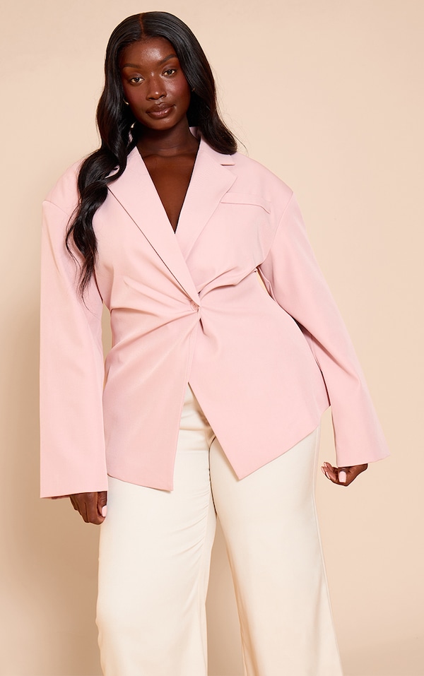 Plus Pale Pink Tailored Cinched Waist Blazer