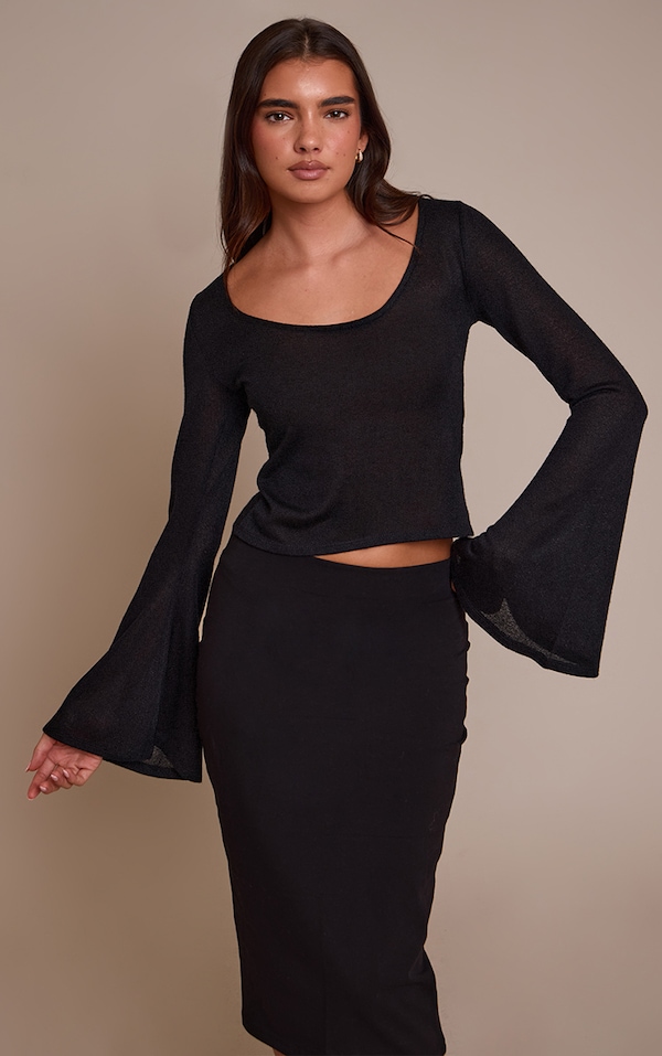 Black Textured Jersey Scoop Neck Flared Long Sleeve Top 