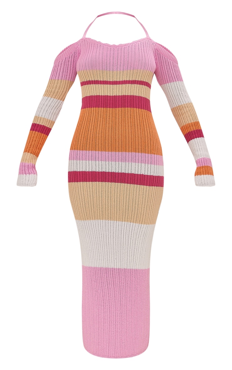 Pink Striped Crochet Halter Tie Maxi Dress image 5