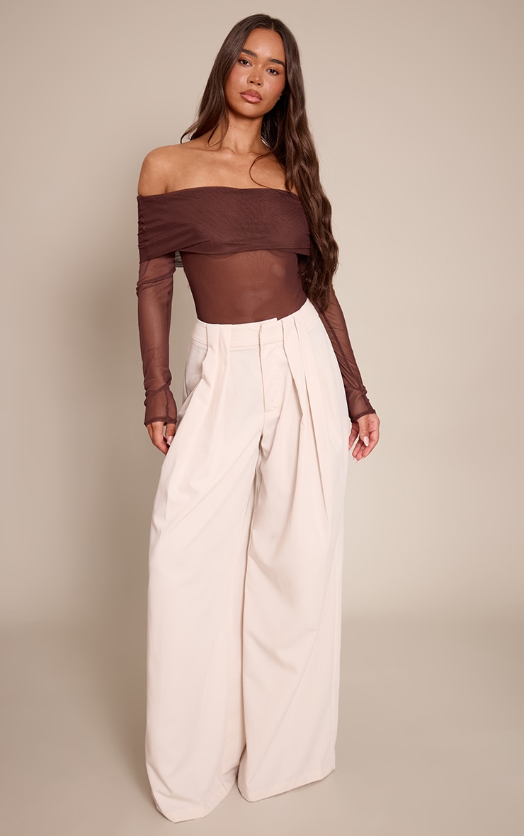 Dark Chocolate Mesh Fold Over Bardot Long Sleeve Bodysuit image 3
