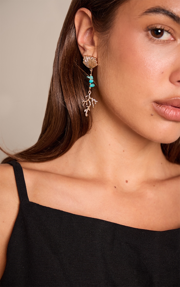 Gold Shell Coral Aqua Beaded Earrings