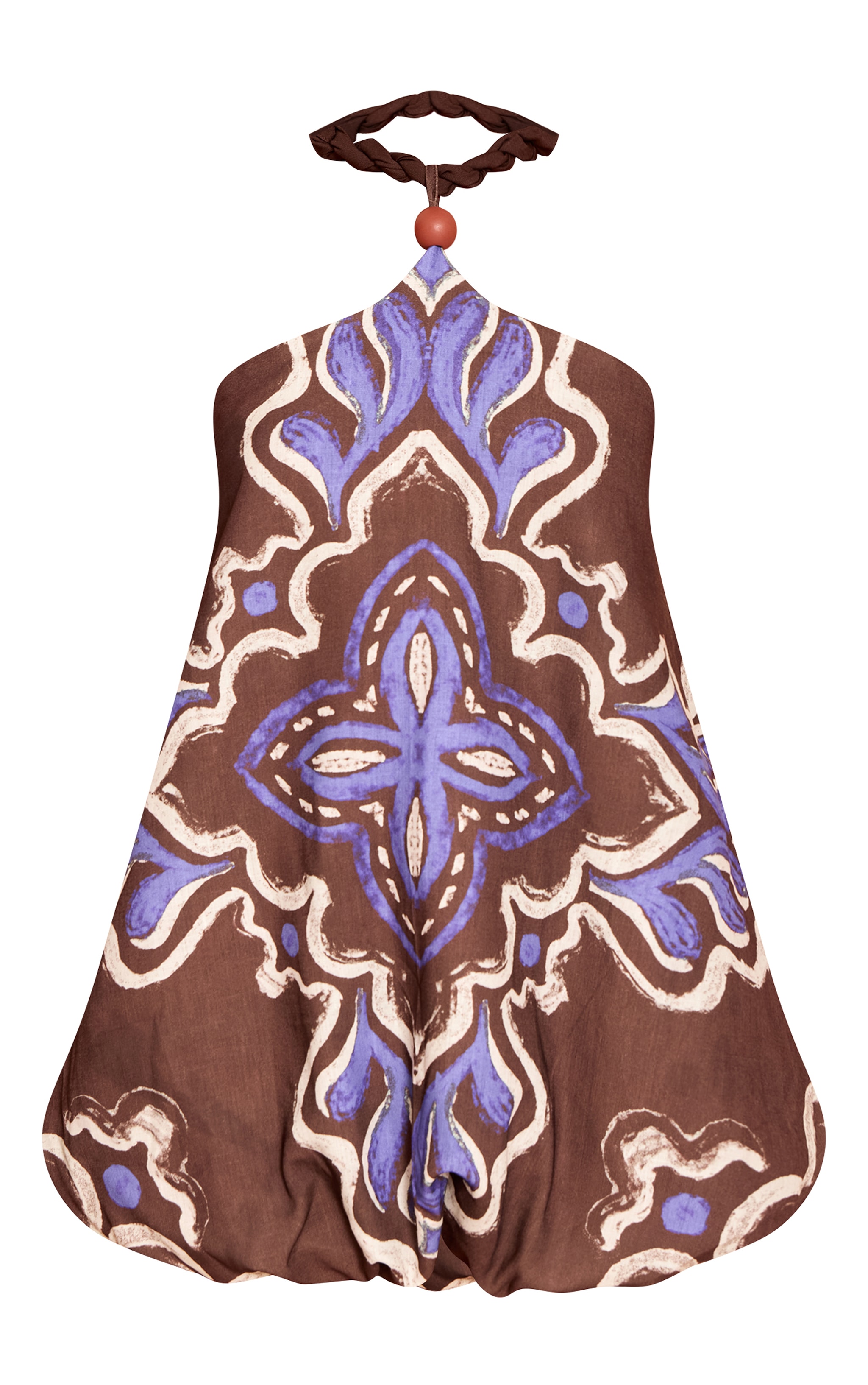 Chocolate Printed Chiffon Halterneck Puffball Mini Dress image 5