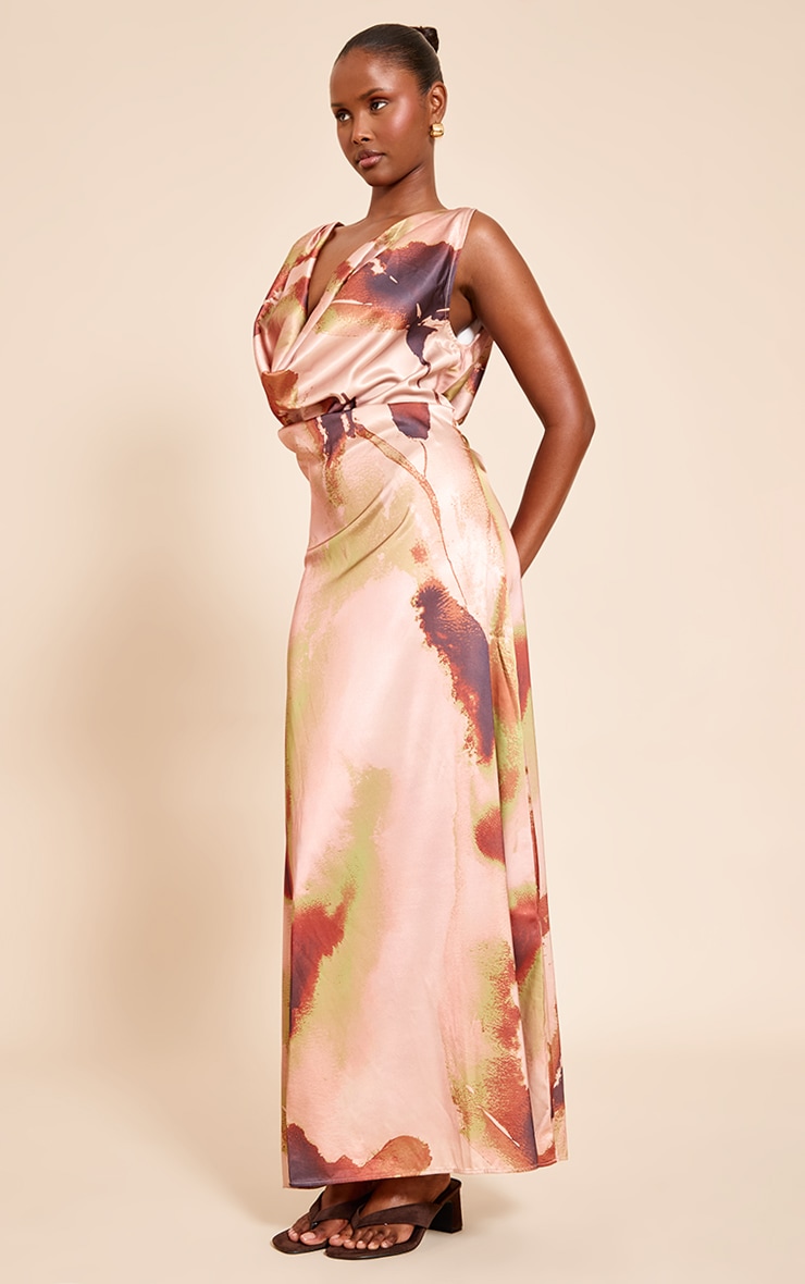 Blush Abstract Floral Print Satin Extreme Cowl Maxi Dress image 3