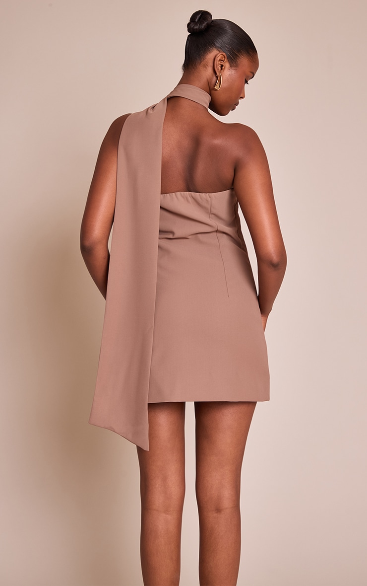 Mocha Woven Asymmetric Scarf Detail Mini Dress image 2