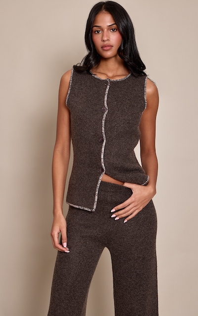 Tall Chocolate Brushed Wool Knit Blanket Stitch Waistcoat