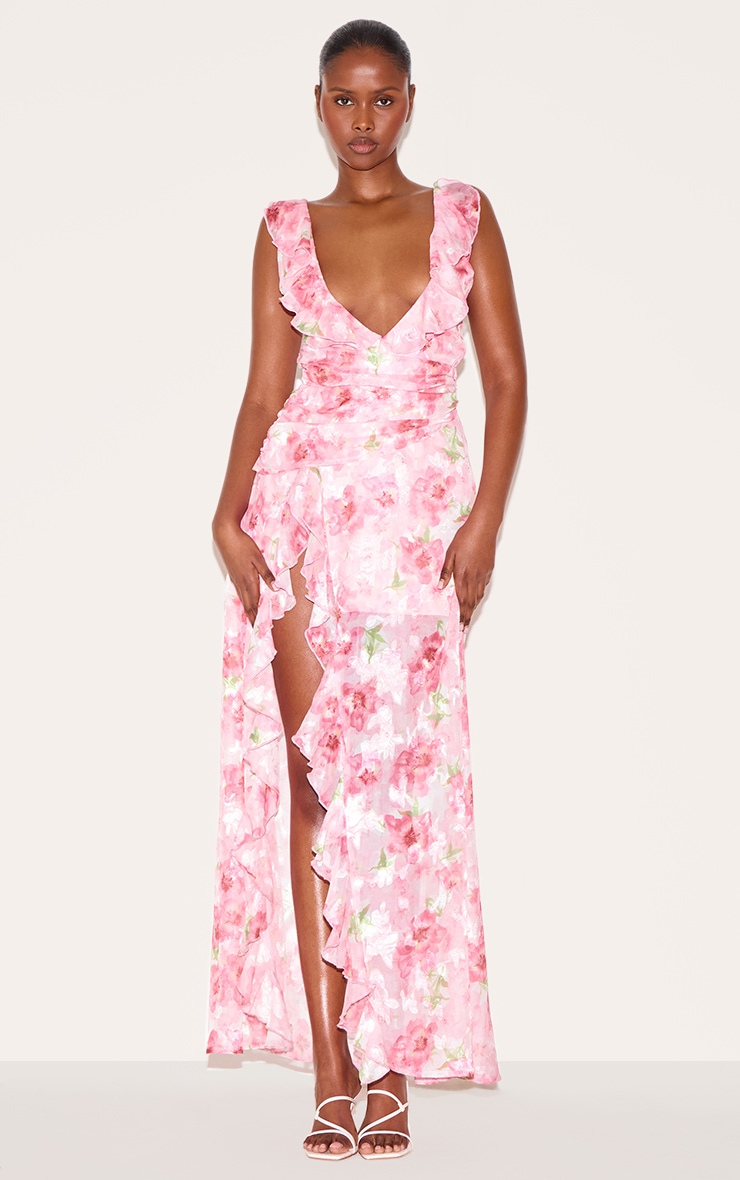 Pink Floral Chiffon Plunge Strappy Maxi Dress image 1