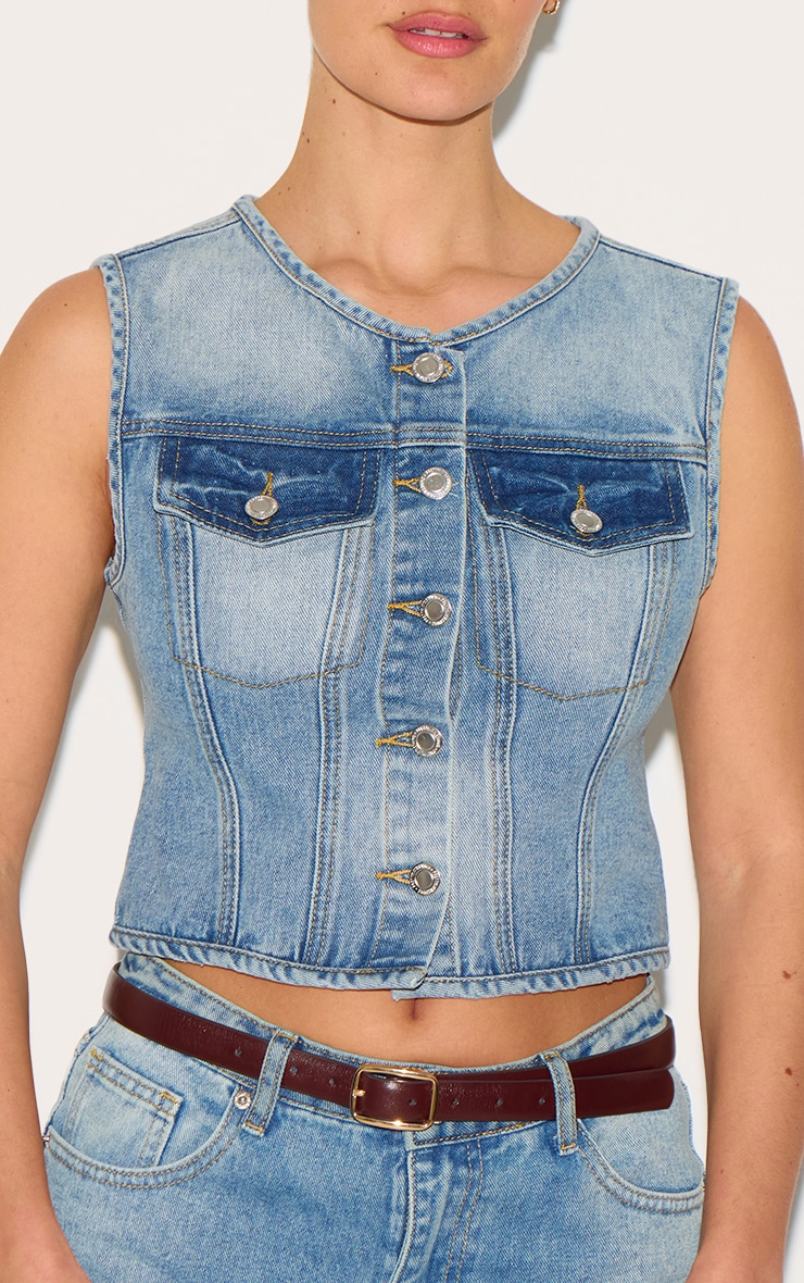 Mid Blue Wash Round Neck Sleeveless Denim Crop Top image 4