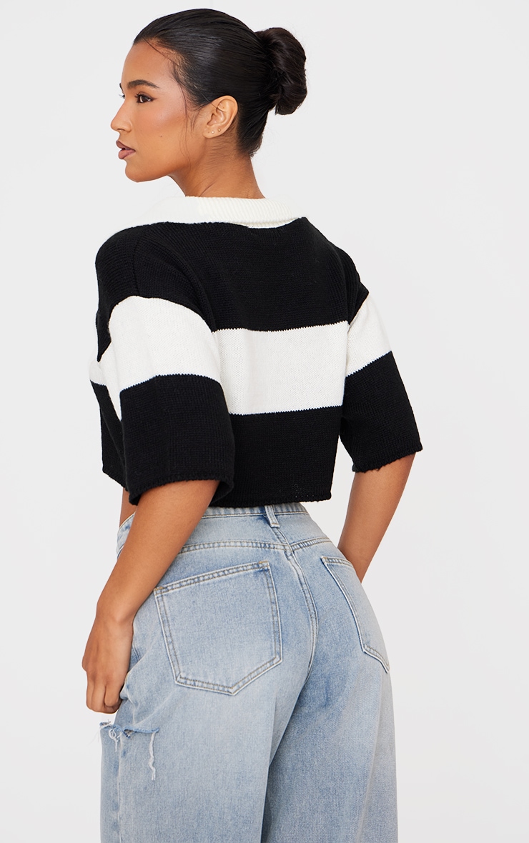 Monochrome Stripe Knit V Neck Cropped Rugby Top image 2