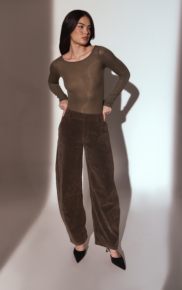 Khaki Sheer Soft Touch Crew Neck Long Sleeve Top image 3