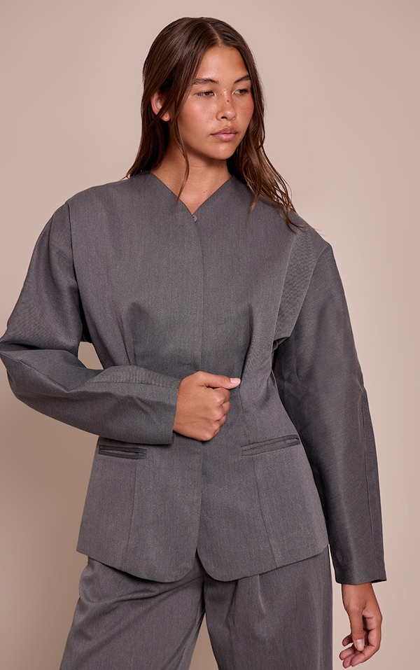 Charcoal Grey Premium Woven Tailored Collarless Blazer