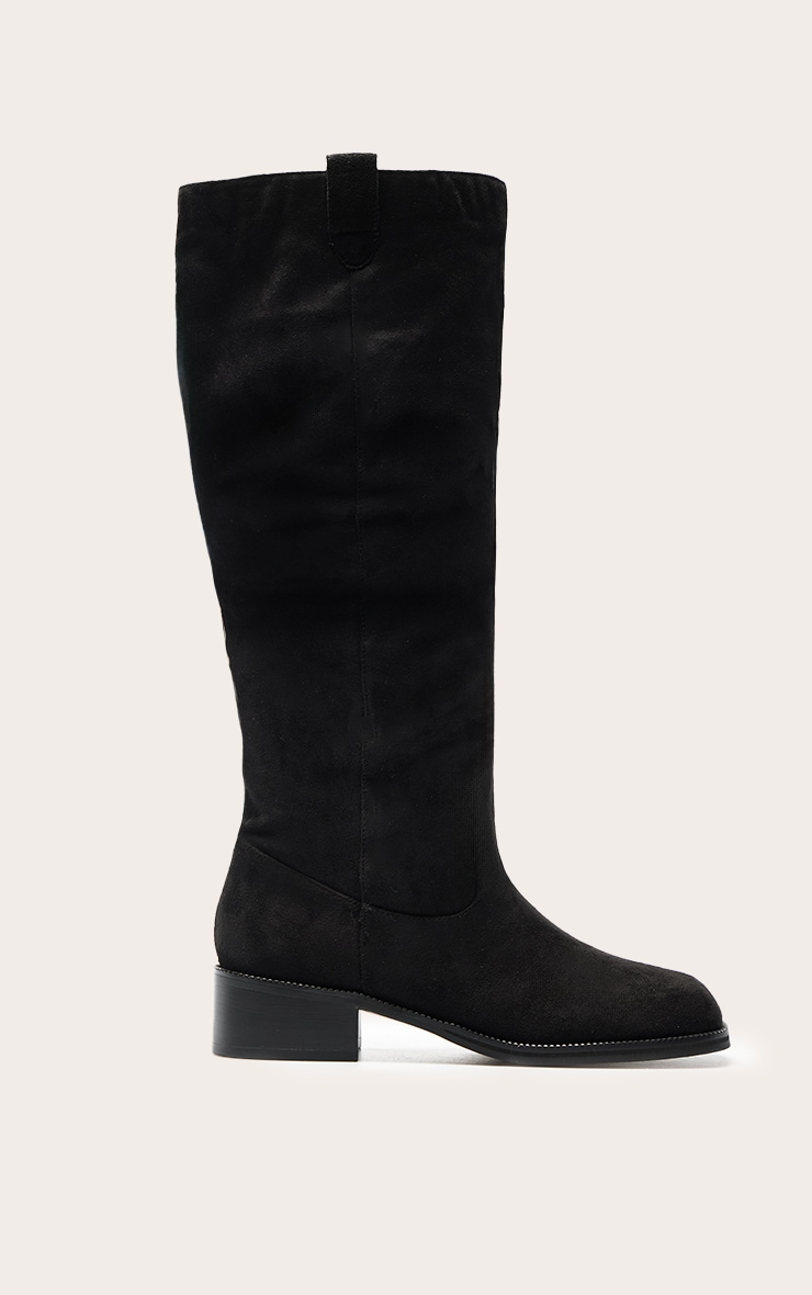  Black Faux Suede Low Heeled Ruched Knee High Boot image 2