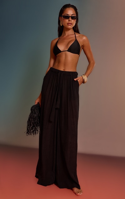 Pantalon de plage palazzo en effet lin tissé noir