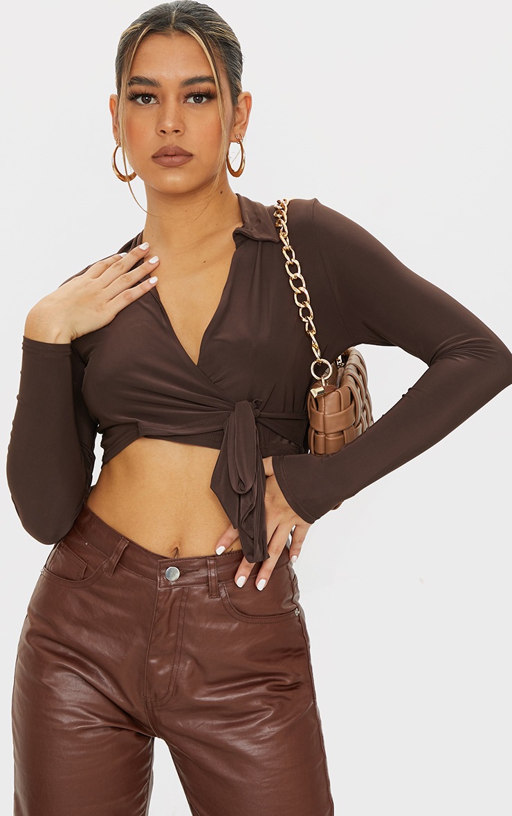 Chocolate Slinky Bardot Crop Top & Lace Up Trouser Set - Shay