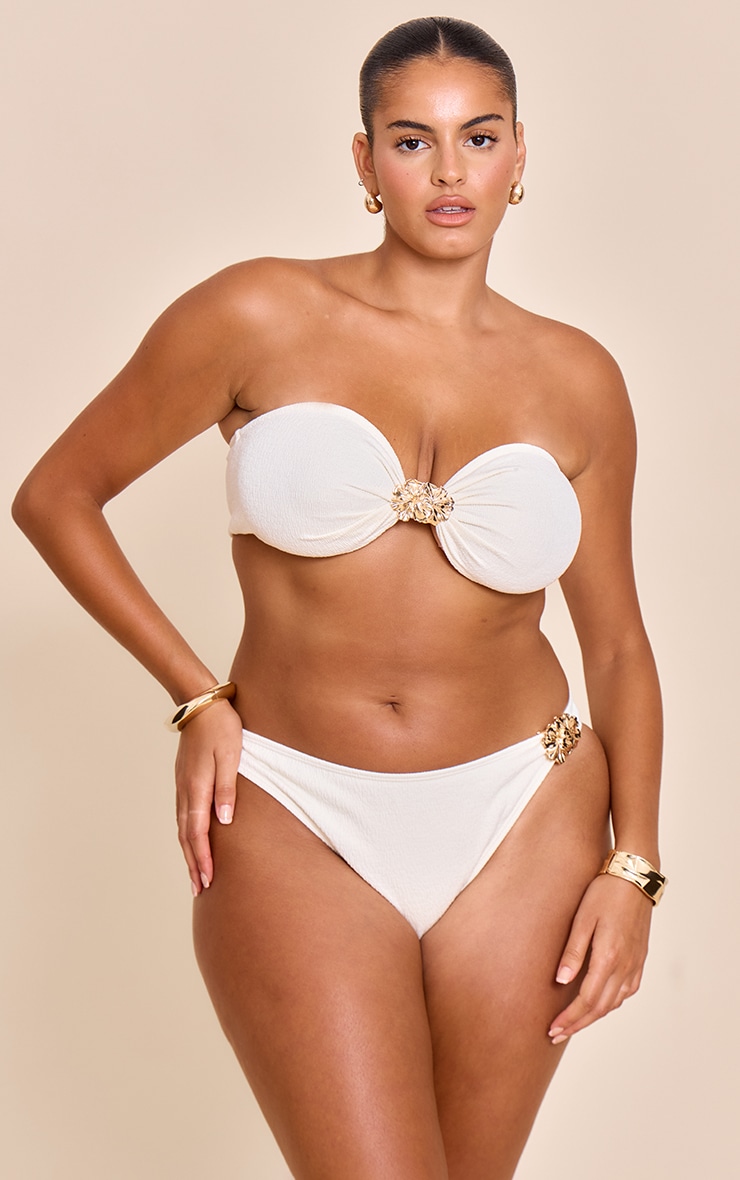 Plus Cream Textured Flower Trim Bandeau Bikini Top image 1