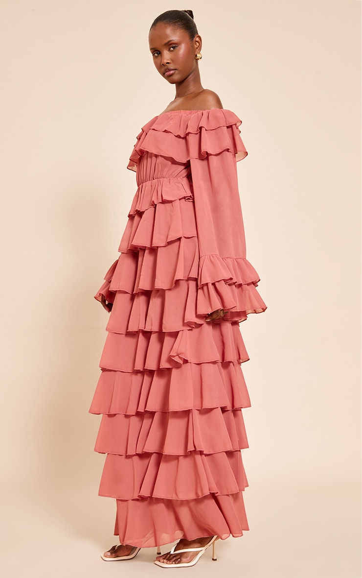Blush Chiffon Bardot Extreme Frill Maxi Dress image 3