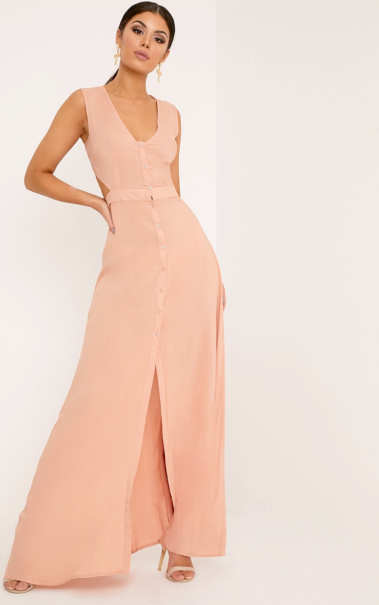 Harlie Nude Tie Back Button Down Maxi Dress PrettyLittleThing
