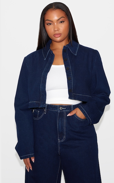 Plus Indigo Cropped Denim Contrast Stitch Jacket