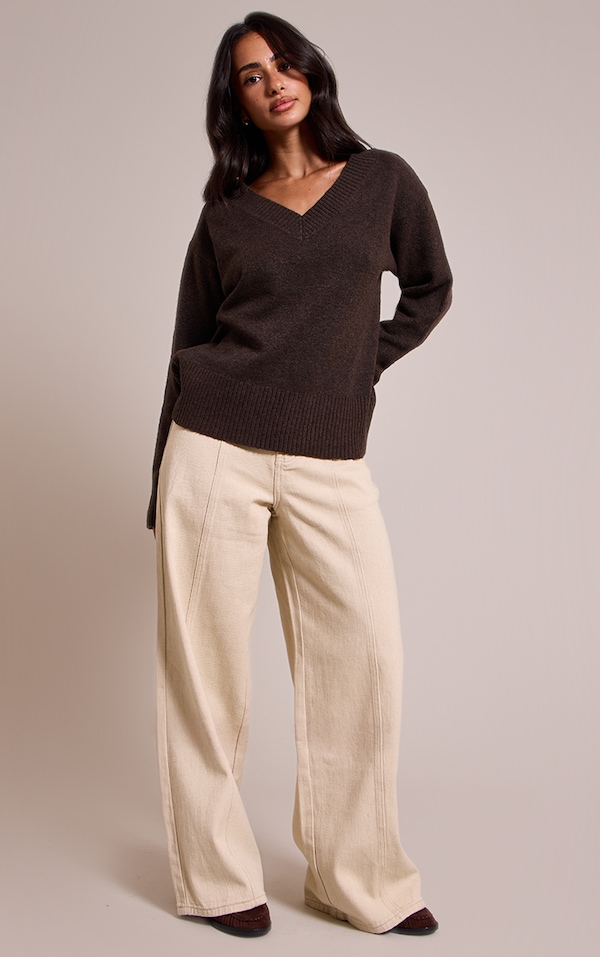 Petite Beige Wide Leg Seam Detail Jeans
