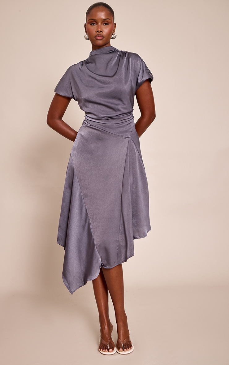 Grey Satin Draped Hanky Hem Midaxi Dress
