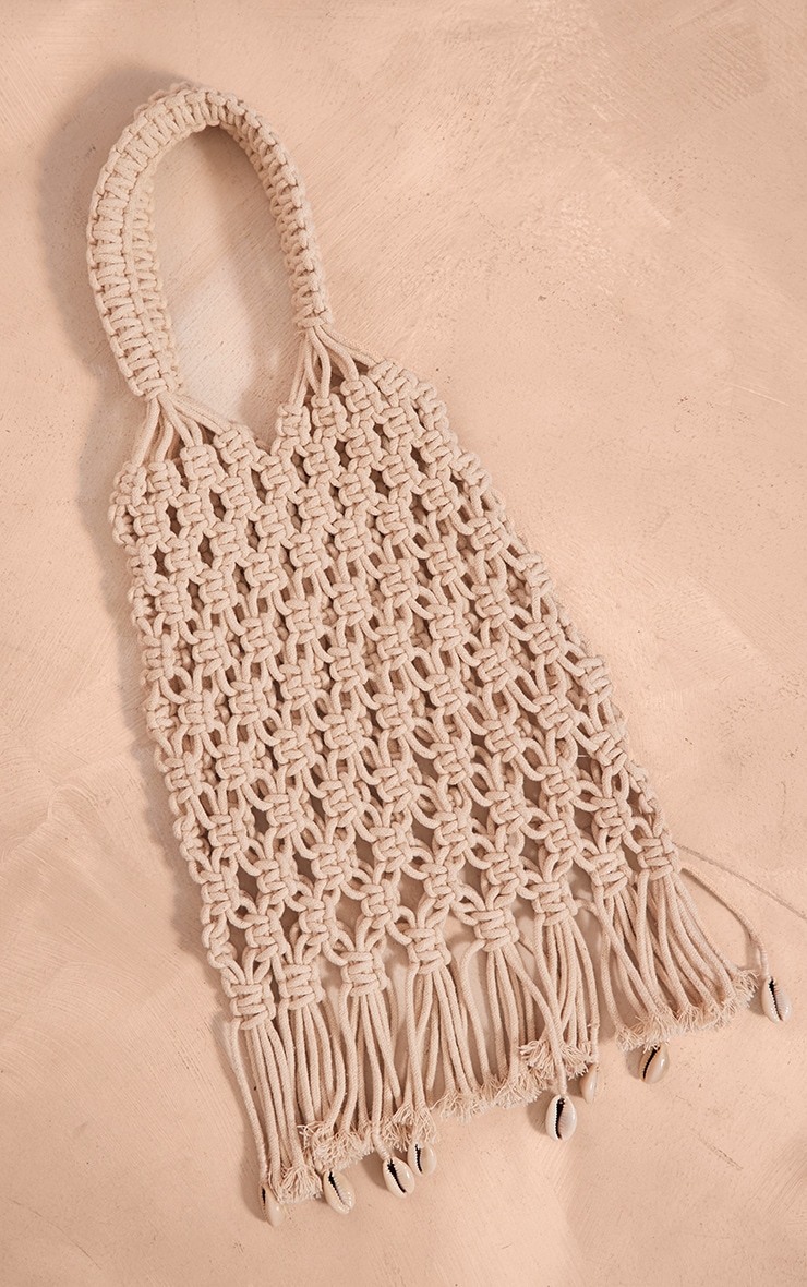 Sac de plage macramé non coloré à bordure franges et coquillages image 2