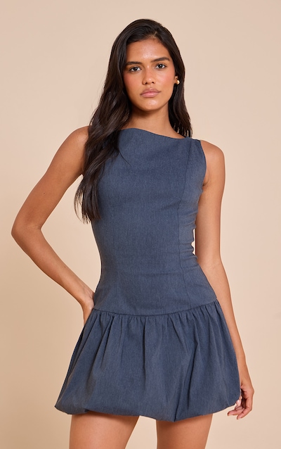 Blue Stretch Woven Puffball Dress