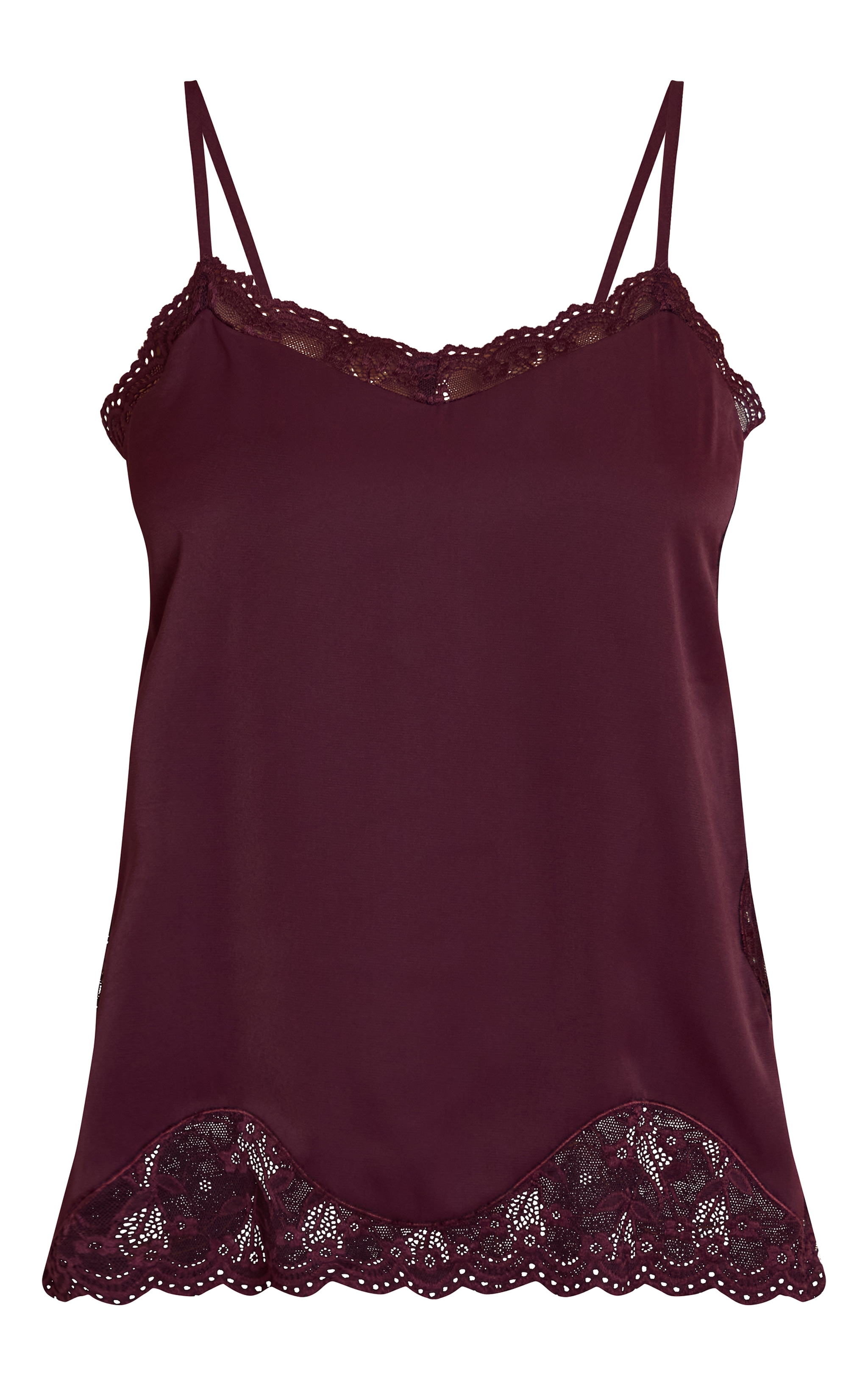 Dark Plum Woven Lace Trim Detail Strappy Cami Top