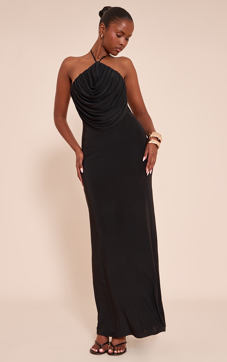 Robe longue moulante noire à dos nu et détail drapé image 1