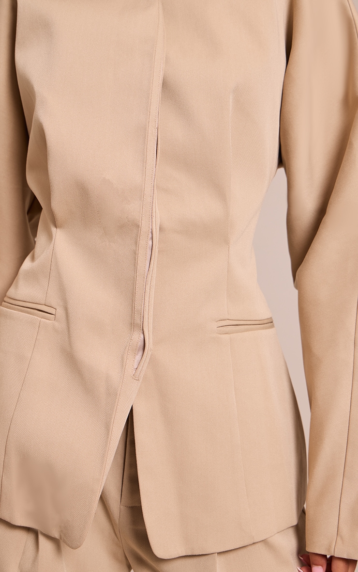 Tall Sand Premium Woven Tailored Collarless Blazer image 4