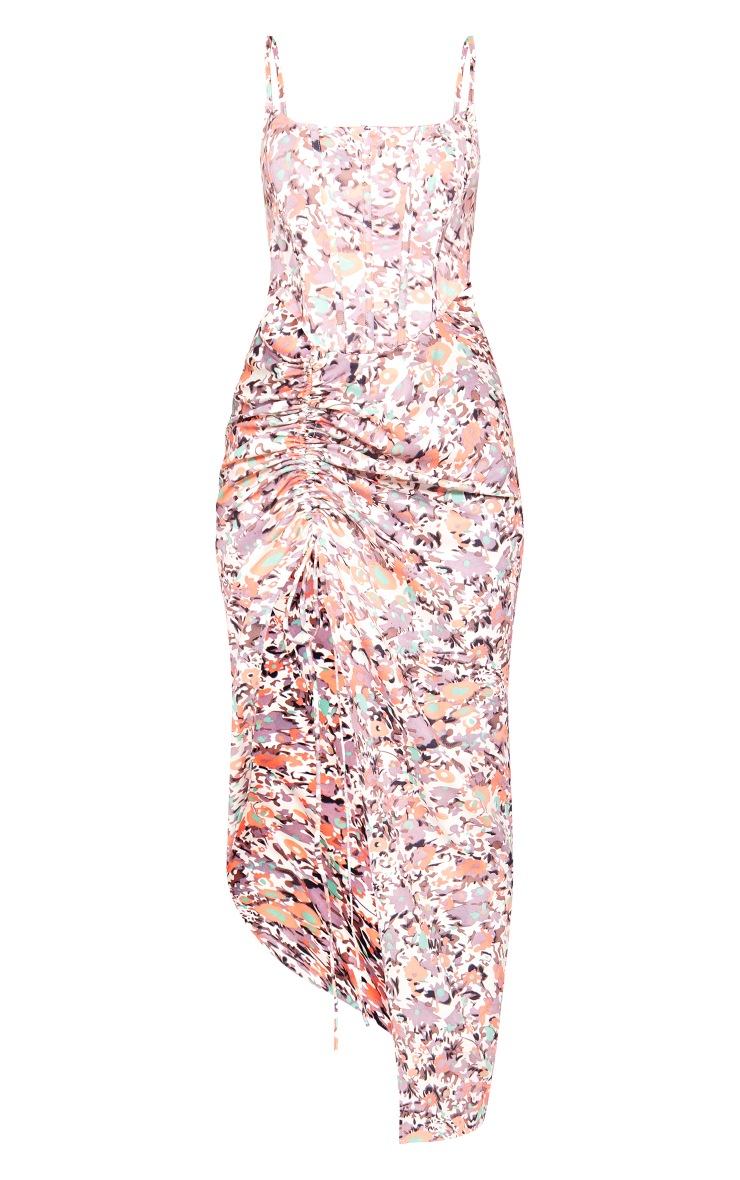 Peach Floral Corset Lace Back Ruched Midaxi Dress PrettyLittleThing QA
