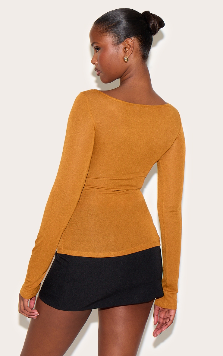 Tan Sheer Soft Touch Crew Neck Long Sleeve Top image 2