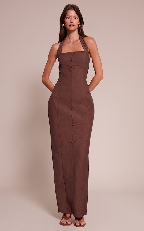 Chocolate Woven Halter Button Maxi Dress