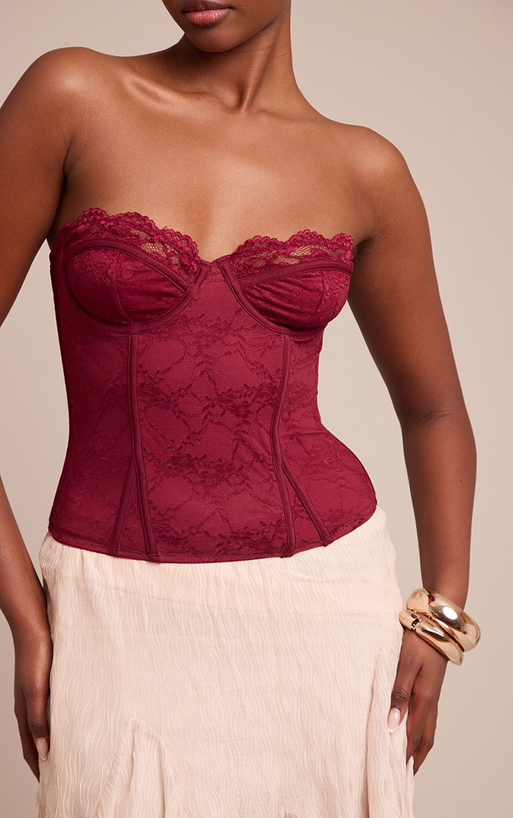 Wine  Lace Hook And Eye Detail Bonded Bandeau Corset image 4