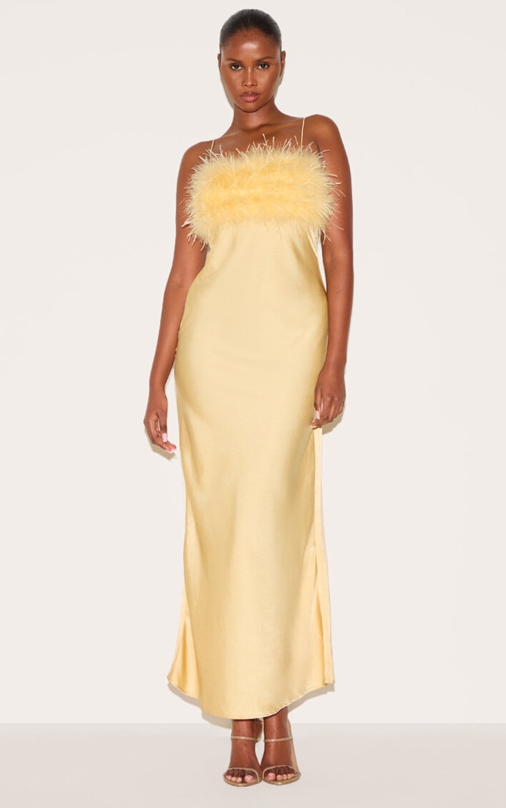 チューリップページ Lemon Satin Feather Bust Detail Strappy Maxi Dress | Dresses