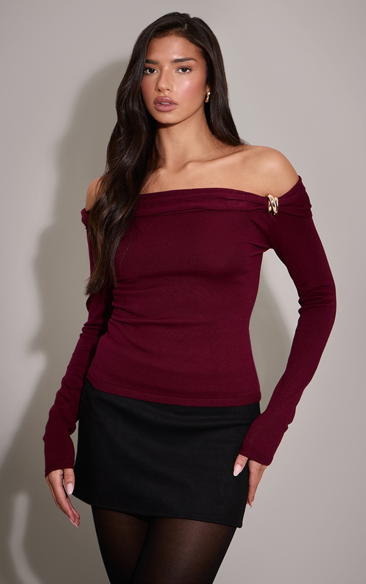Burg Long Sleeve Twist Shoulder Detail Knitted Top
