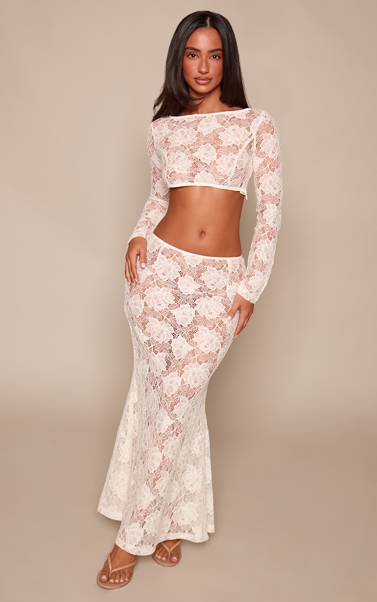Petite Cream Floral Lace Sheer Maxi Skirt