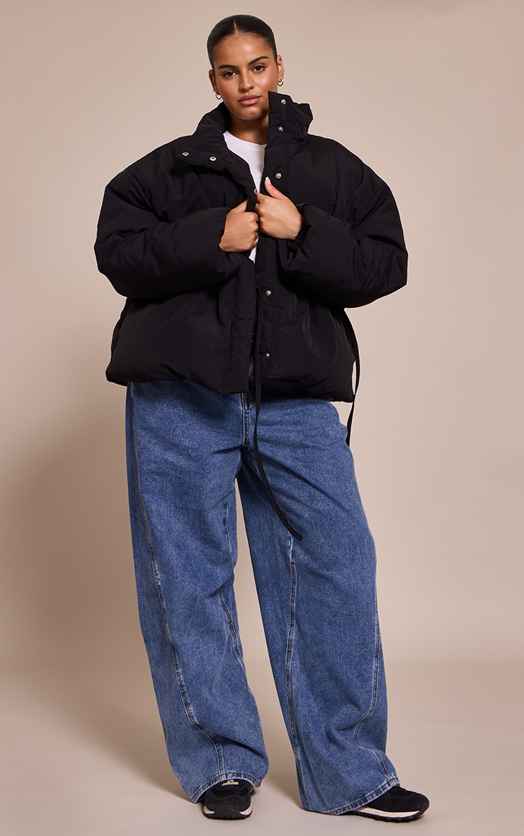 Plus Black High Neck Tie Waist Quilted Jacket image 3