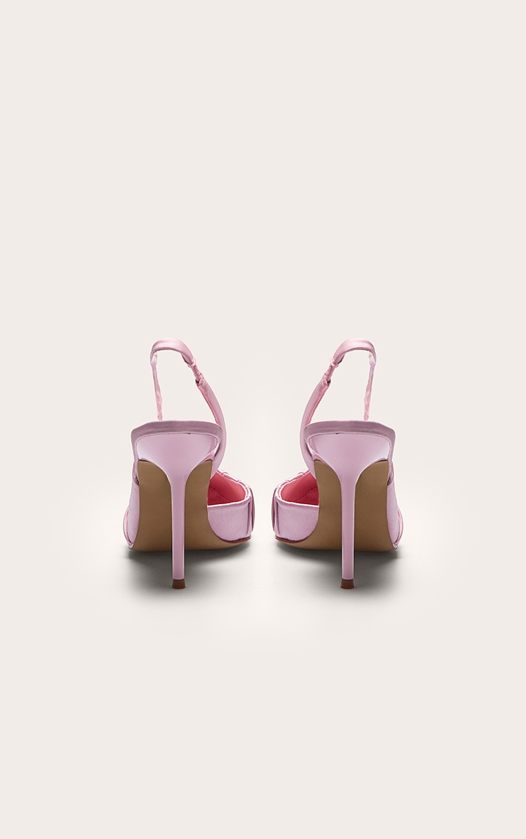 Primrose Pink Satin Point Toe Ruched Sling Back High Stiletto Heeled Courts image 3