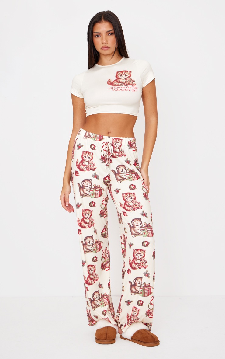Cream Christmas Cat Print Long Pj Set image 1