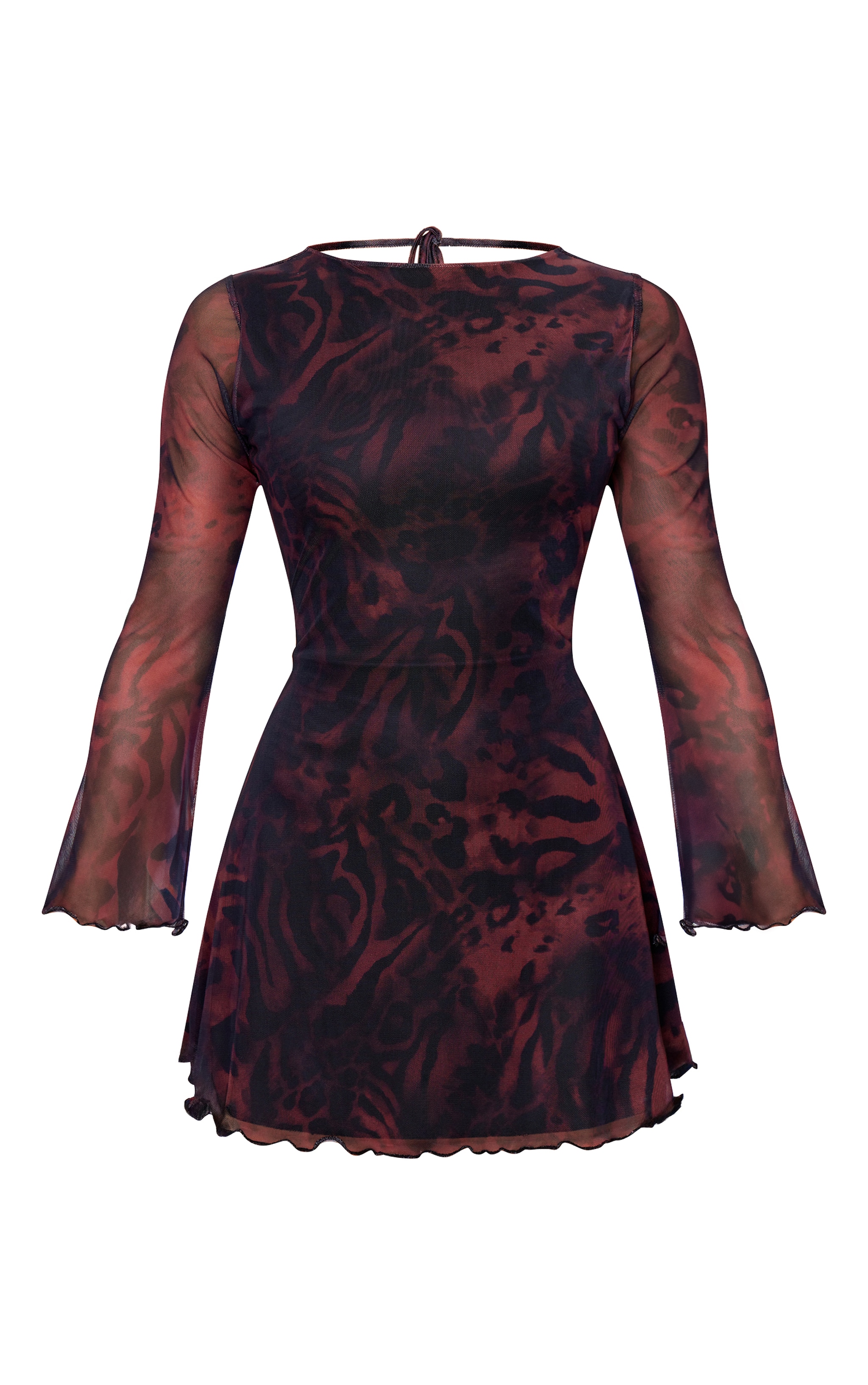 Burgundy Mesh Long Sleeve Tie Back Shift Dress image 5