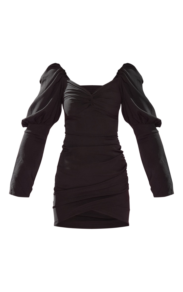 Black Puff Sleeve Twist Detail Bodycon Dress image 5