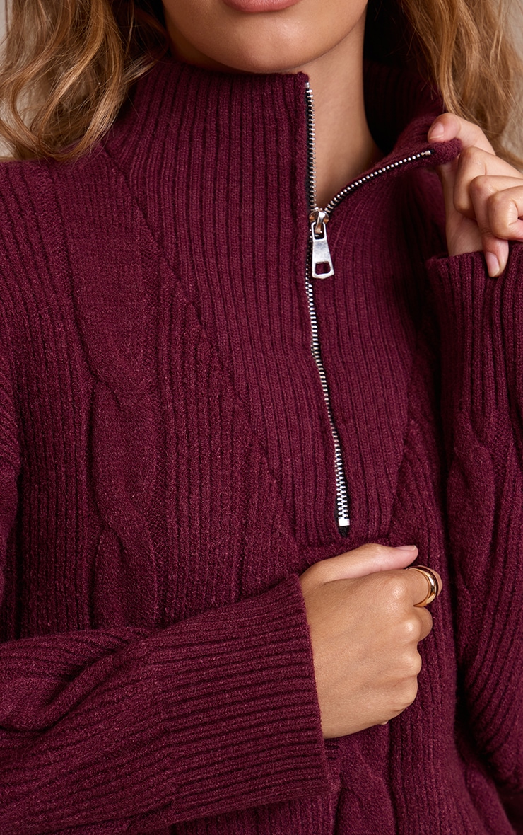 Burgundy Zip Detail Cable Knit Oversized Sweater image 4