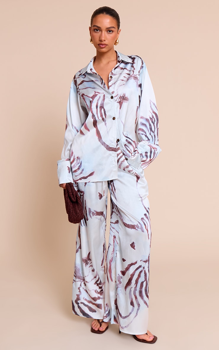 White Printed Satin Drawstring Wide Leg Pants image 1
