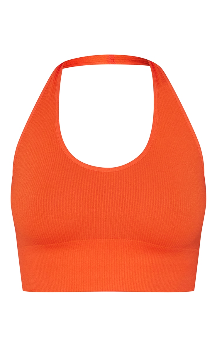 Orange Seamless Rib Halterneck Longline Bra image 5