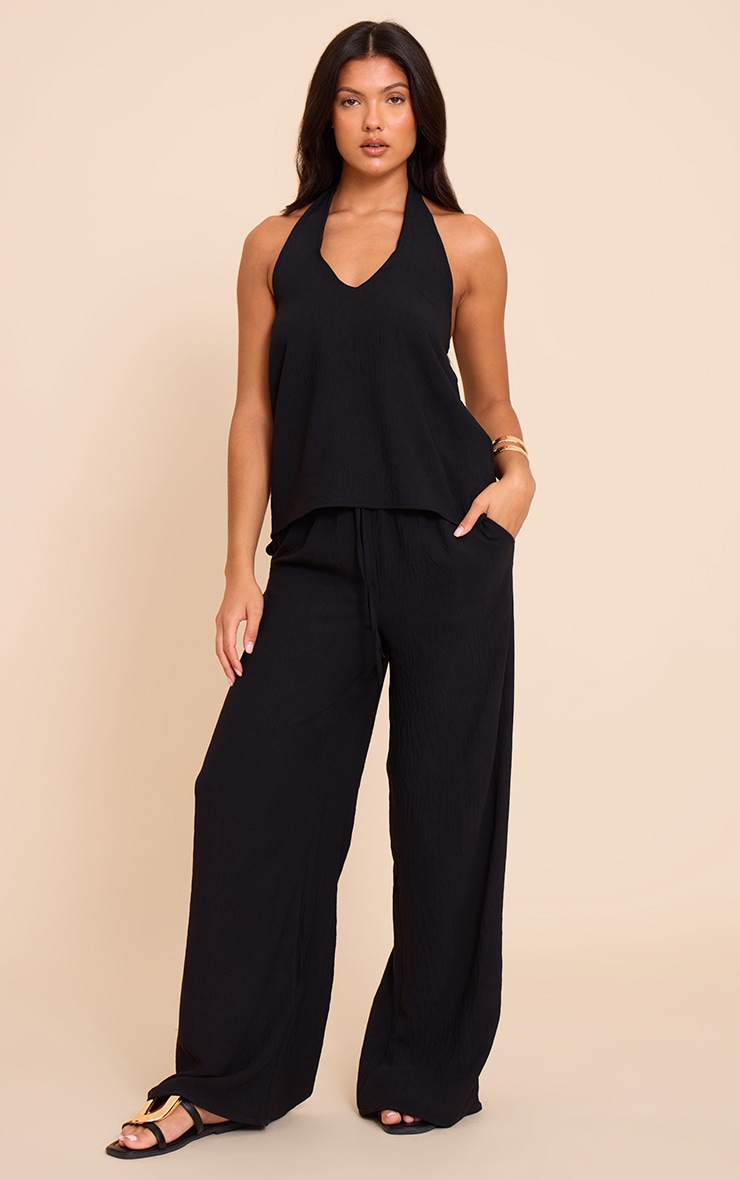 Black Textured Woven Halter Top image 3