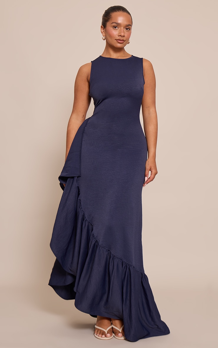 Shape Navy Stretch Woven Boat Neck Side Split Frill Maxi Dress image 1
