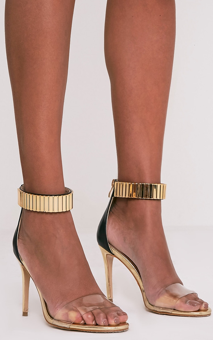 Christal Black Metal Ankle Cuff Heeled Sandals High Heels