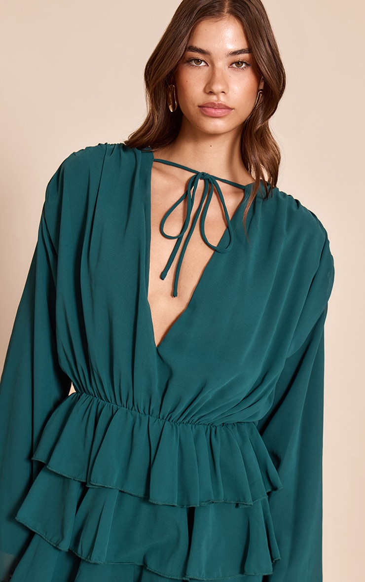 Teal Chiffon V Neck Frill Tiered Romper image 4