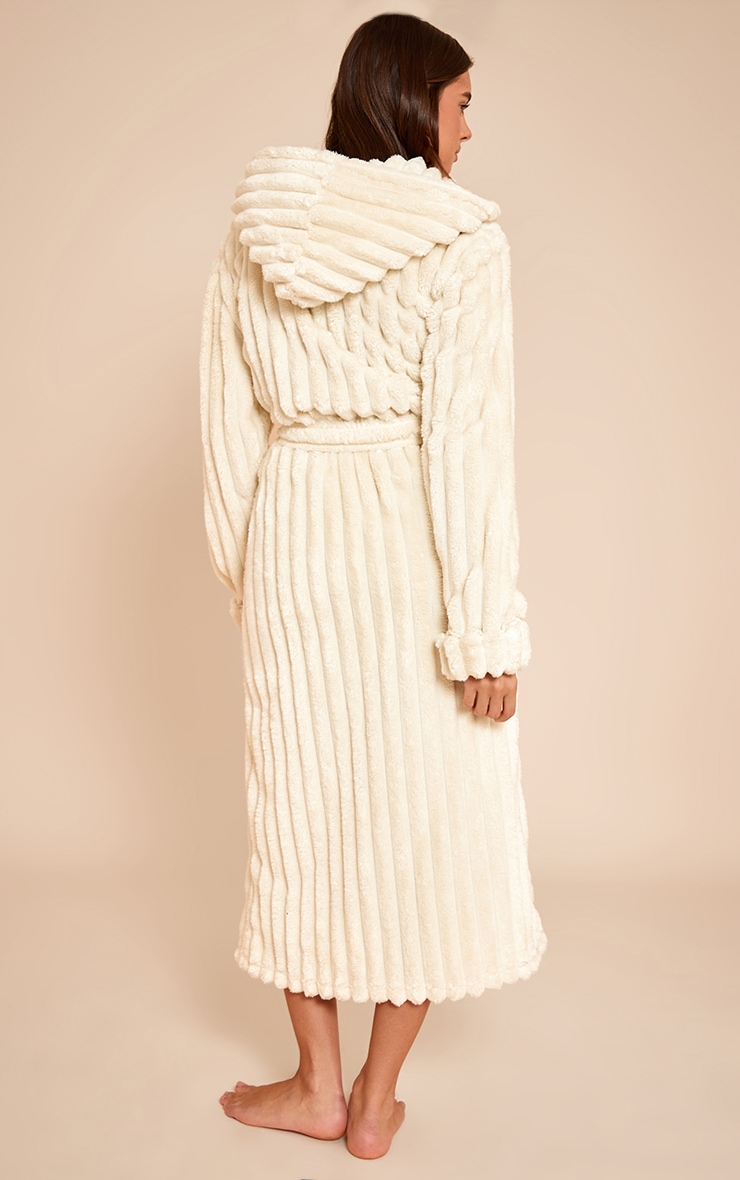Peignoir en polaire crème à capuche et lisérés contrastants image 2